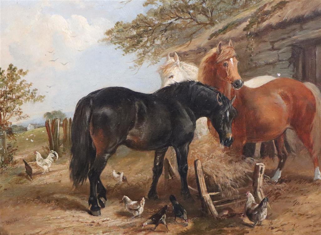 Henry Charles Woollett (1826-1893) Horses standing in a farmyard 9 x 12in.